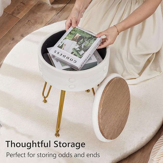 VECELO Round Vevlet Vanity Stool with Storage, 4 Metal Legs Vanity Seat with Anti-Slip Feet, Modern Vanity Chairs Footrest Furry Padded Seat, Space Saving, Easy to Clean for Makeup, Bedroom, White