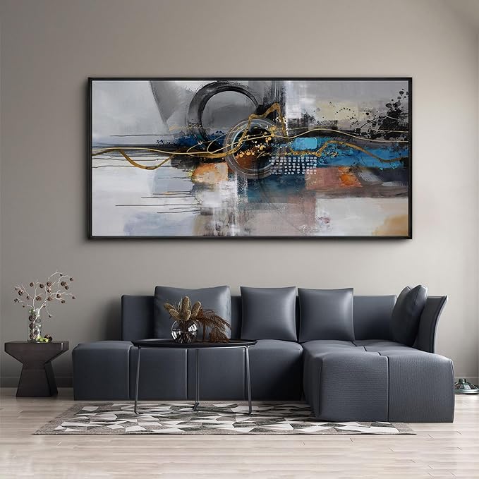 XLSJERST Large Abstract Frame Wall Art - Black and Blue Cnavas Framed Artwork for Walls Modern Minimalist Boho Gray Pictures Wall Decor for Living Room Bedroom Office Home Decoration 20x40 Inches