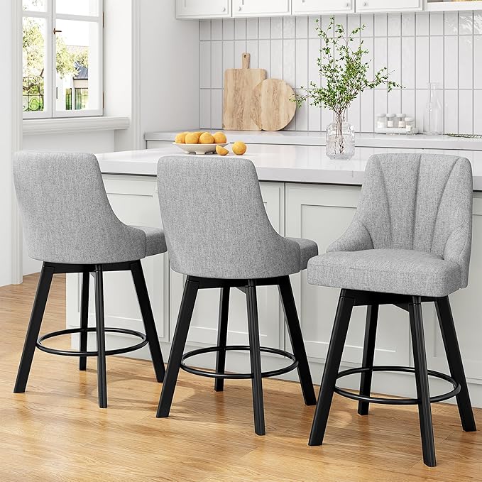 Swivel Bar Stools with Backs, 24" Counter Height Bar Stools, Fabric Upholstered Counter Barstools with Solid Wood Legs for Kitchen Island, Home Bar, Light Gray