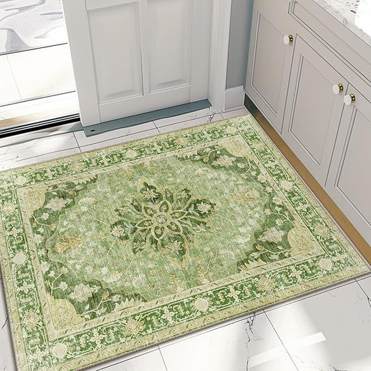 Area Rugs 2'x3' Washable Non-Slip, Floral Vintage Distress Print Pattern Medallion Carpet for Living Room Bedroom Dining Room, Sage Green Yellow