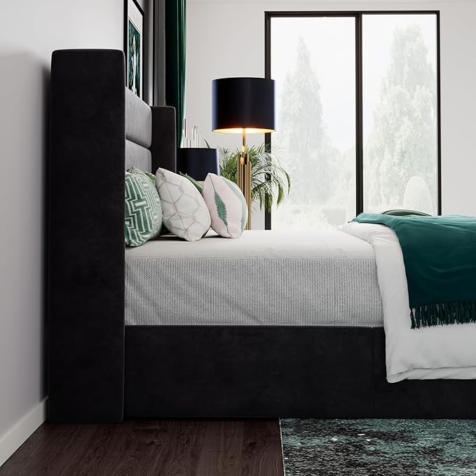 SHA CERLIN King Size Lift Up Storage Bed/Velvet Upholstered/Modern Wingback Headboard/Upholstered Platform Bed Frame/Hydraulic Storage/No Box Spring Needed/Black