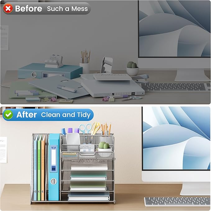 Lavatino 5-Tier Metal Mesh Desk Organizer with 2 File Holders & 7 Customizable Compartments | Paper Letter Tray for Office or Home Desk Storage | Keep Workspace Supplies Neat & Organized, Silver