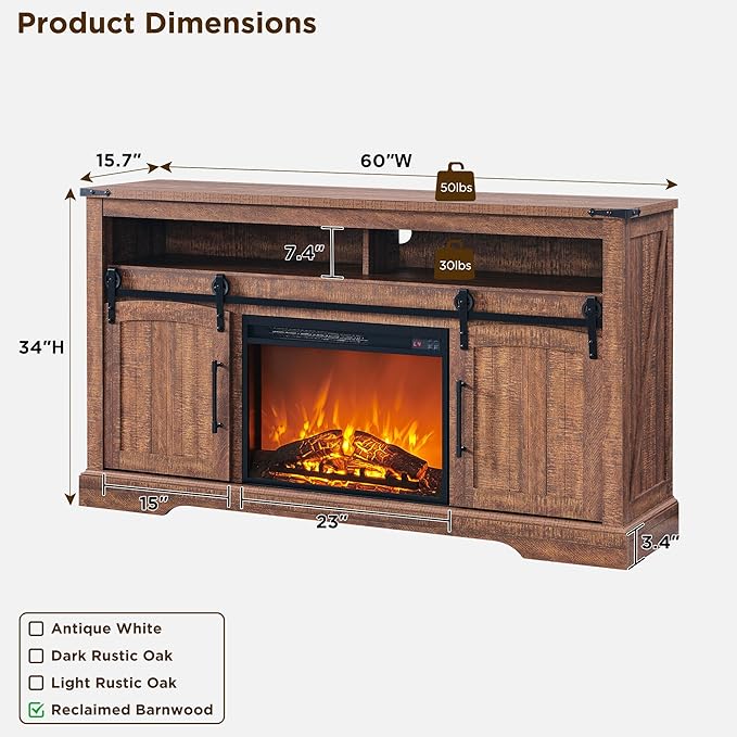OKD Farmhouse Fireplace TV Stand for 70 Inch TV, 33" Tall Highboy Entertainment Center with 23" Electric Fireplace, Rustic Media Console w/Sliding Arched Door for Living Room,Reclaimed Barnwood