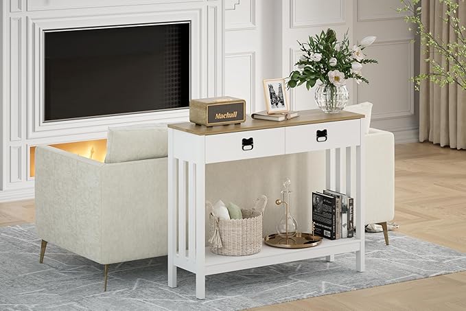 Entryway Table with Drawer & Shelves, Console Tables for Entryway, Modern Farmhouse Sofa Table with Reinforced Support Design, Rustic Wooden Hallway Accent Table, White