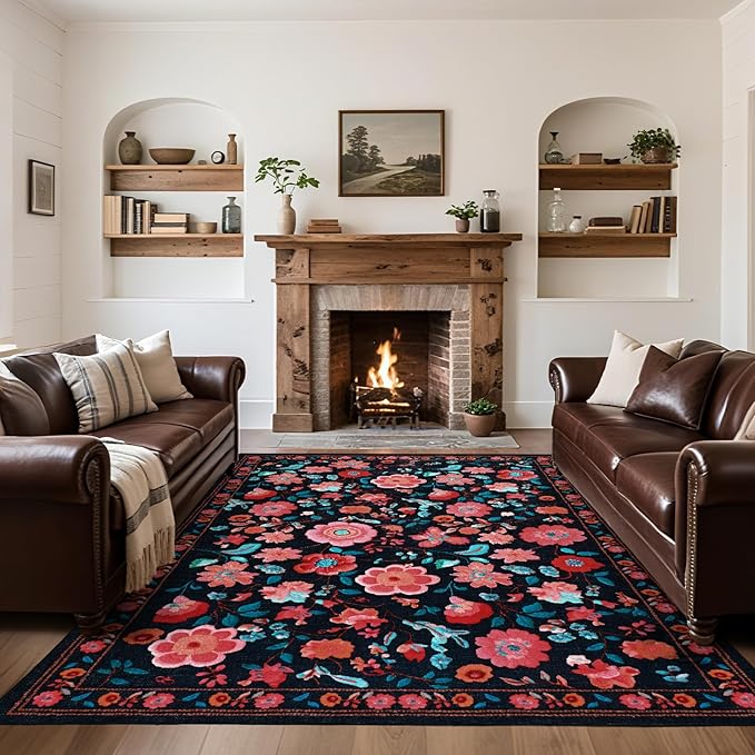 8x10 Area Rug for Living Room Clearance, Modern Washable Rug Non Slip Low Pile Floral Rugs for Living Room, Bedroom, Farmhouse, Dining Room, Kids Playroom, Black