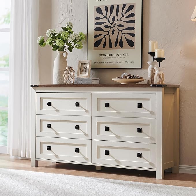 RedLemon 6 Drawer Dresser for Bedroom, Farmhouse 54 Inch Wide Rustic Wood Dresser TV Stand, Chest of Drawers for Closet, Living Room, Hallway, Antique White