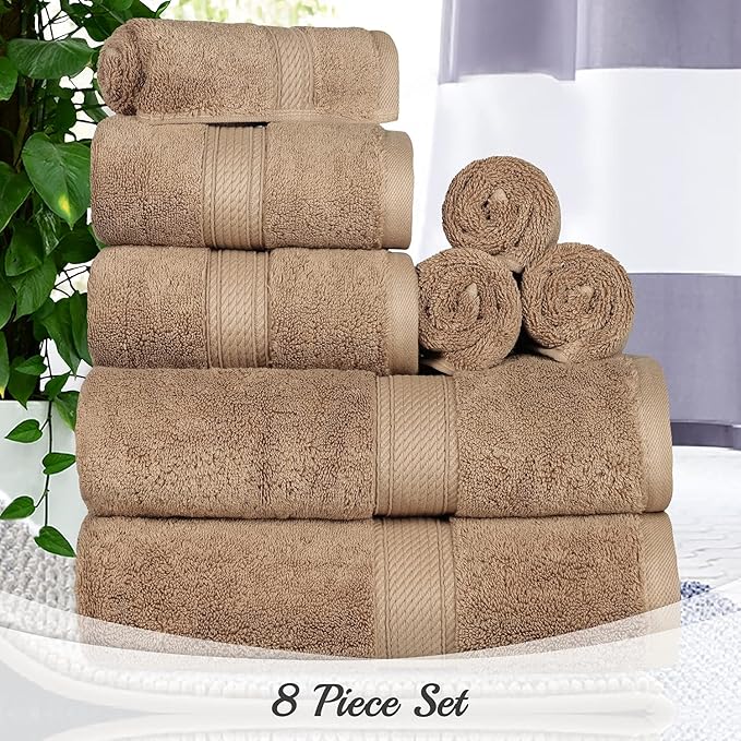 Superior Egyptian Cotton Pile 8 Piece Towel Set, Includes 2 Bath, 2 Hand, 4 Face Towels/Washcloths, Ultra Soft Luxury Towels, Thick Plush Essentials, Guest Bath, Spa, Hotel Bathroom, Latte