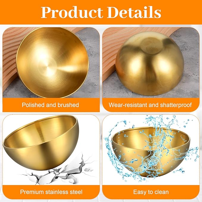 10 Pcs Gold Mixing Bowls 5.9 Inch Stainless Steel Mixing Bowl Salad Bowl Set Metal Gold Serving Bowls for Baking, Prepping and Serving Food Salad Fruit Snack Soup Cereal