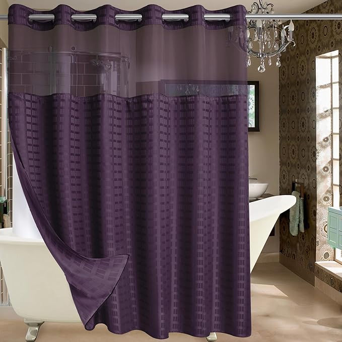 Conbo Mio Extra Wide No Hook Shower Curtain with Snap in Liner Set, 108" x 74" Hotel Luxury Purple Shower Curtains for Bathroom with See Through Top Window, Waterproof, Washable 108W x 74H