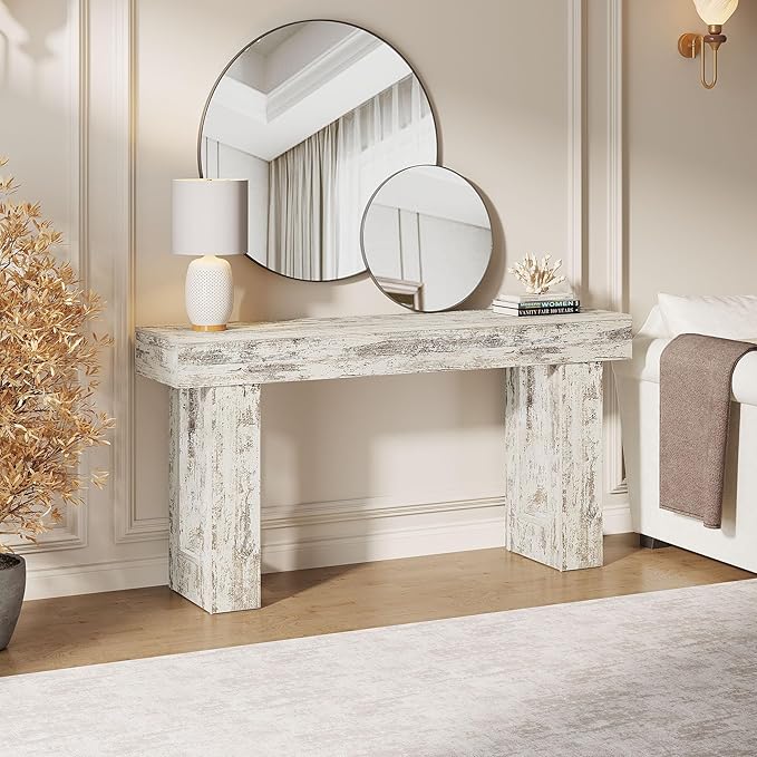 Tribesigns 63-Inch Long Console Table, Wooden Rectangular Sofa Table Behind The Couch, Farmhouse Entryway Table for Entrance, Hallway, Living Room (Distressed White)