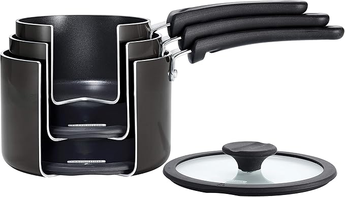 Tramontina Aluminum Non Stick 6-Piece Nesting Sauce Pan Set with Lids - Gray, Kitchen Nonstick Cookware Set, Dishwasher and Oven Safe