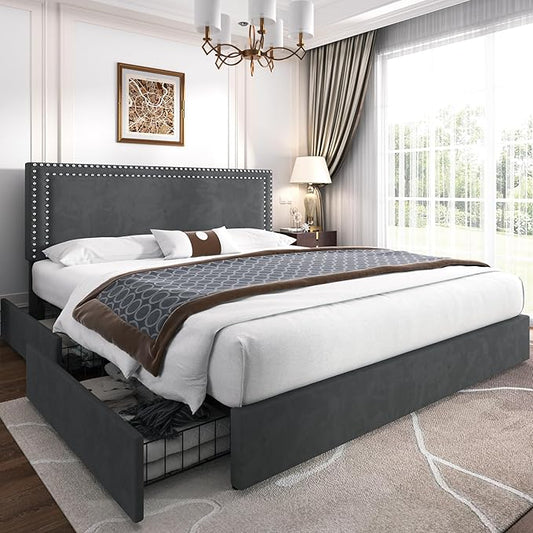 VECELO Full Size Upholstered Platform Bed Frame with 4 Storage Drawers, Adjustable Velvet Rivet Decor Headboard, Wooden Slats Support, No Box Spring Needed, Easy Assembly
