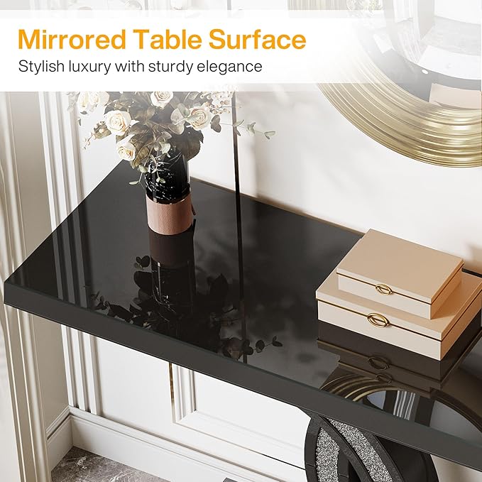 39-inch Mirrored Console Table, Modern Black Entryway Table with Sparkling Crystal Inlays, Glass Sofa Table with Mirror Finish for Entrance, Living Room