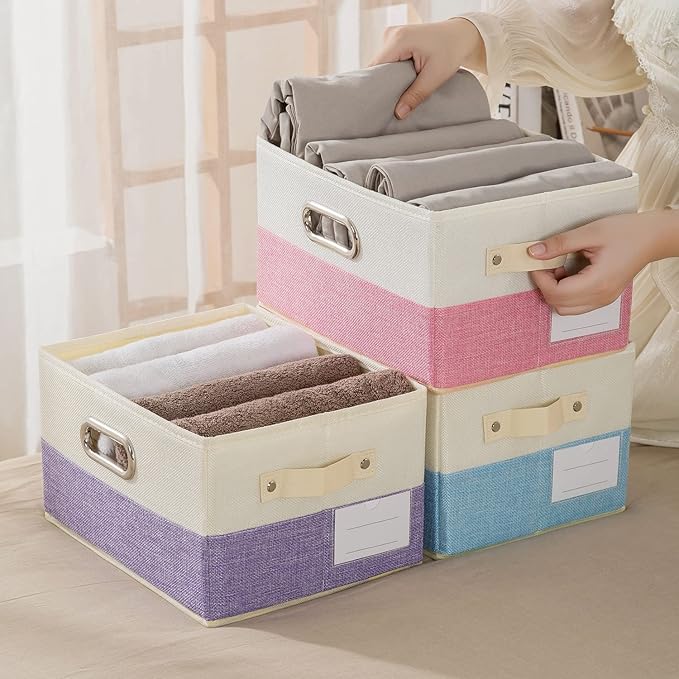 PRANDOM Fodable Storage Bins for Closet [3-Pack] Decorative Fabric Storage Baskets Cubes with Leather/Metal Handles for Shelves Bedroom Living Room Pink&Cream (11.5x8.5x6.7 Inch)