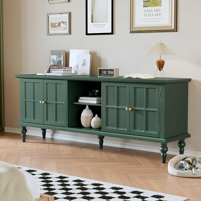 3More 67" Mid Century Modern TV Stand with Window Design,Wood Entertainment Center with Open Shelf,Up to 70" Media TV for Living Room or Bedroom,Green