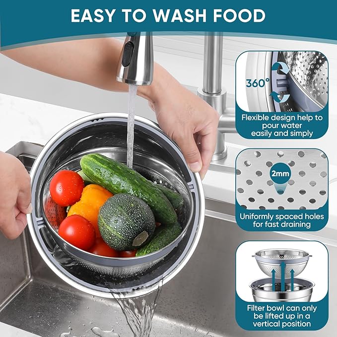 P&P CHEF Mixing Bowls with Lids Set of 3, Stainless Steel Mixing Bowl and Colander for Kitchen, 3 Grater Attachments & Non-Slip Bottoms, Visible & Airtight Lid, Blue