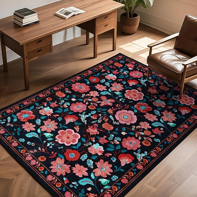 Living Room Rug 6x9 Rug, Machine Washable Area Rug Non Slip Low Pile Floral Rug for Living Room, Bedroom, Farmhouse, Dining Room, Kids Playroom, Black