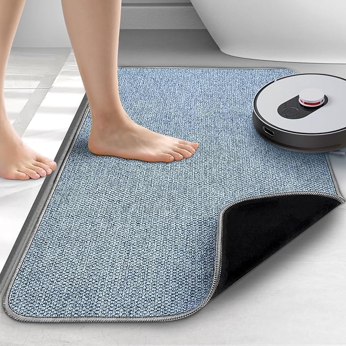 Upgraded Thin Bathroom Rugs, Bath Mat Super Absorbent, Bath Rugs Rubber Backing Non-Slip, Quick Dry Machine Washable, Cozy Cloth Bathroom Mat fit Under Door/Sink/ Bathtub/Shower/Kids 19''x30''-Blue