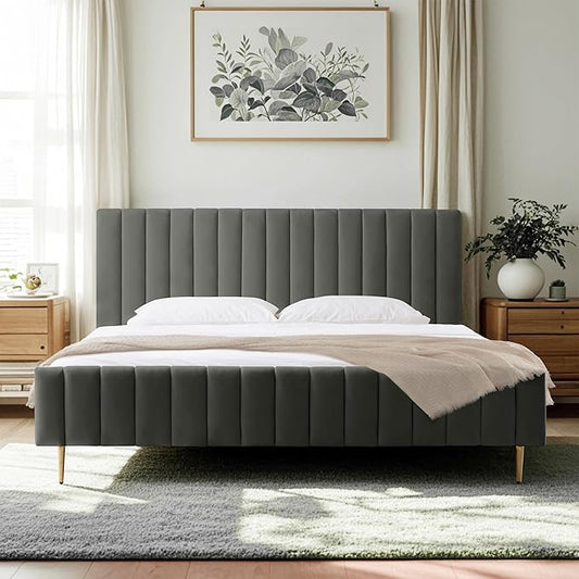Livinia King Size Elton Velvet Platform Bed, Upholstered Bed Frame with Vertical Channel Tufted Headboard Footboard, Strong Wood Slats, No Box Spring Needed, Gray (King)