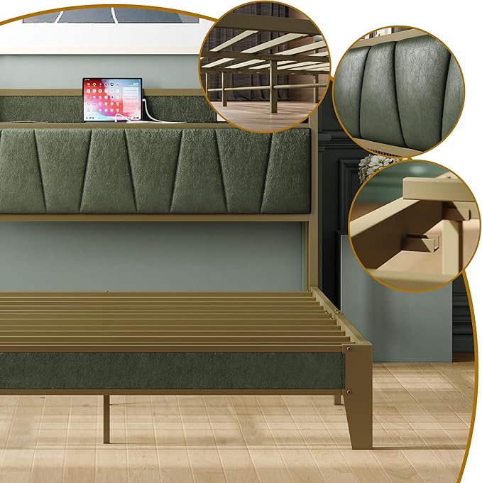 LIKIMIO Queen Bed Frame, Storage Headboard with Charging Station, Solid and Stable, Noise Free, No Box Spring Needed, Easy Assembly (Dark Green)