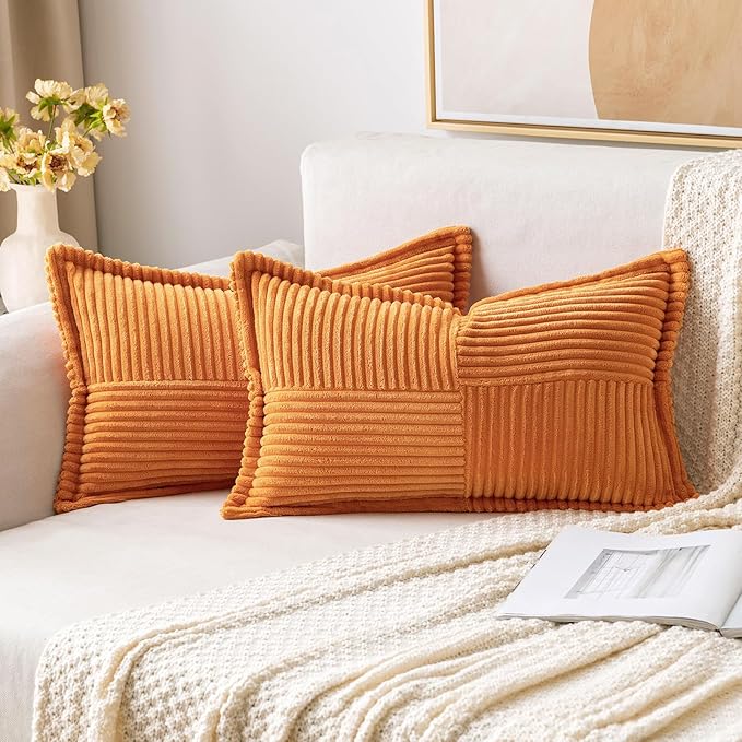 MIULEE Burnt Orange Fall Decorative Lumbar Throw Pillow Covers for Couch Bed Livingroom 12x20 Inch Set of 2 Boho Accent Throw Pllows Broadside Striped Patchwork Soft Corduroy Pillowcases