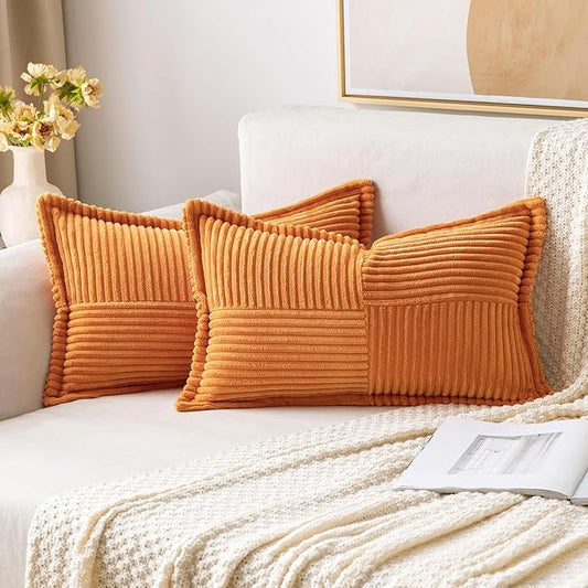 MIULEE Burnt Orange Fall Decorative Lumbar Throw Pillow Covers for Couch Bed Livingroom 12x20 Inch Set of 2 Boho Accent Throw Pllows Broadside Striped Patchwork Soft Corduroy Pillowcases