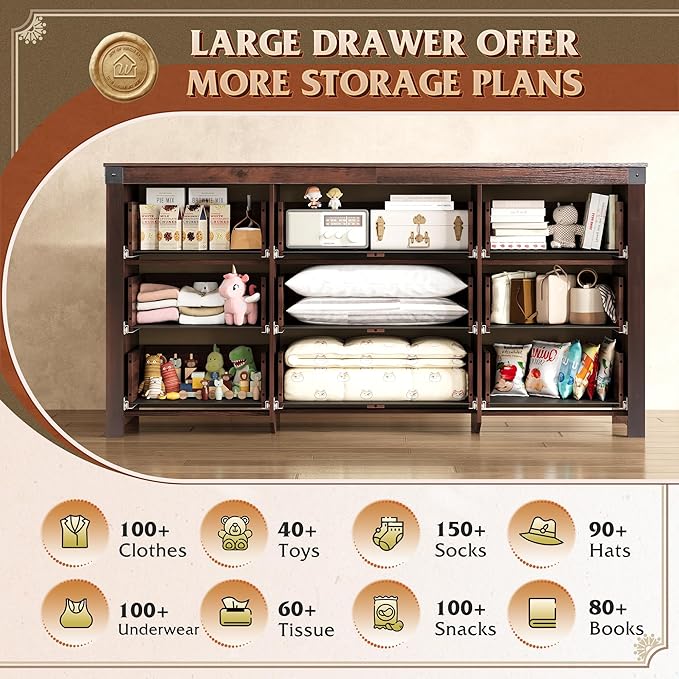 WLIVE Farmhouse Dresser for Bedroom, 63" Wide 9 Drawer Dresser Storage Organizer, Wood Chest of Drawers for Bedroom, TV Stand for 70 inch TV for Living Room, Hallway, Ball Bearing Slide (Brown)