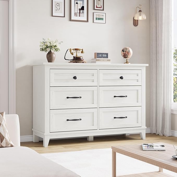 GarveeHome 6 Dresser for Bedroom, 47" Wide Drawer Dresser with Storage Freestanding, Wooden Closet Storage Chest for Living Room, Bedroom, Entryway, White