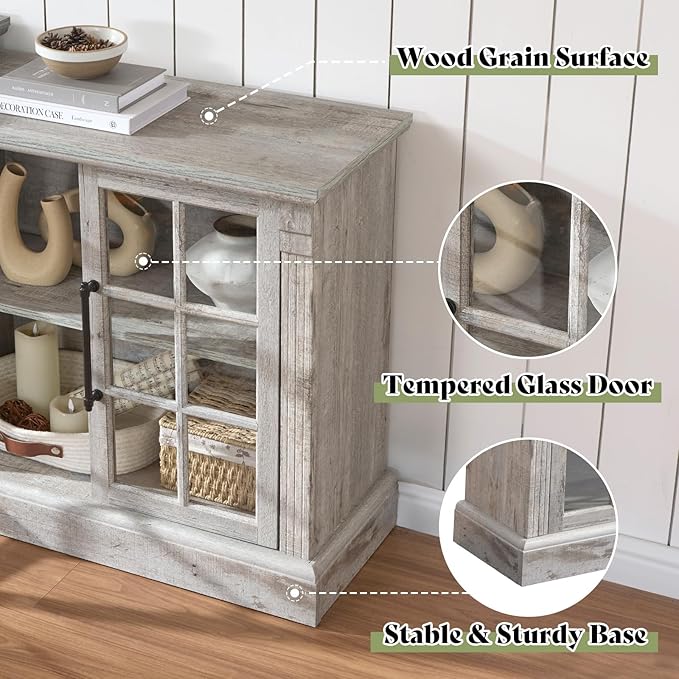 AMERLIFE 97" Farmhouse Fireplace TV Stand, Entertainment Center with Large Storage Space and Adjustable Shelf, Media Console for Living Room, Light Grey