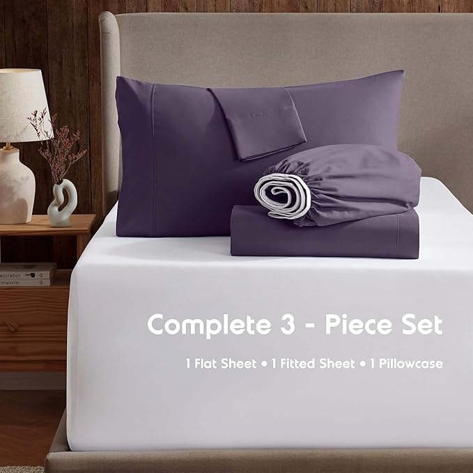 Nestl Twin Sheet Set - 1800 Ultra-Soft Microfiber Twin Bed Sheets - Double Brushed - Deep Pockets - Easy Fit - Extra Soft - 3 Piece Set - Bedding Sheets & Pillowcases (Twin, Purple)