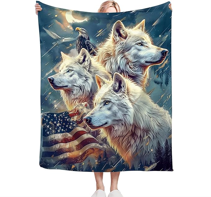 American Wolf and Eagle Throw Blanket With Flag Design - Soft Warm Fleece for Couch, Sofa, Bed - Gift for Women, Men, Girls, Boys - 50"x40"