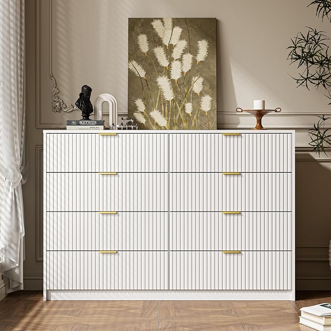 White Dresser for Bedroom, 8 Drawer Double Dresser, Modern Chest of Drawers for Bedroom, Living Room, Entryway and Closet, 55" L x 15.7" D x 37.4" H