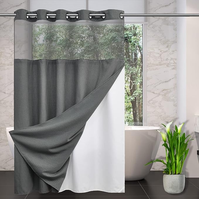 No Hooks Required Waffle Weave Shower Curtain with Snap in Liner-Hotel Grade Waterproof & Mesh Top Window Spa Like Bath Curtain Machine Washable Heavy Duty 71Wx74L(Grey)