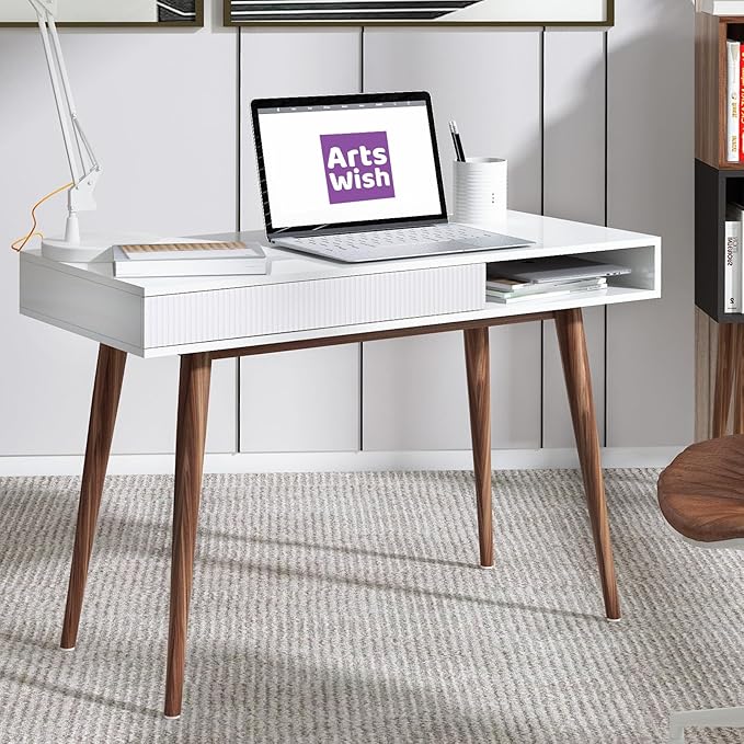 Artswish White Writing Desk with Drawers Mid Century Modern Desk, Wood Office Computer Desks for Small Space, White Desks with Walnut Legs