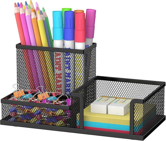 SUPEASY Pen Holder Desk Organizer, Office Supplies Pencil Holder with 3 Compartments, Desk Accessories and Workspace Organizers for Home School, Black