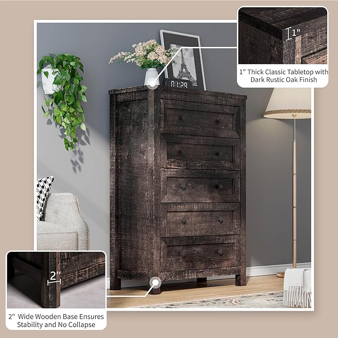 Farmhouse 5 Drawers Dresser, Wood Rustic Chest of Drawers for Bedroom, Tall Dressers Organizer with Metal Handles, 5 Drawers Chest for Living Room, Hallway, Entryway, Dark Rustic Oak