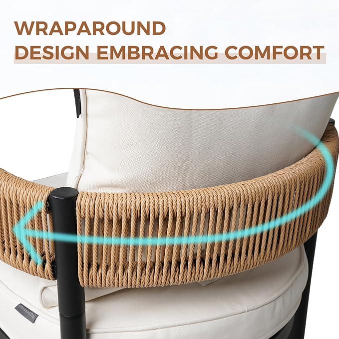 Grand patio 7-Piece Outdoor Dining Set for 6 with 1 Rectangle Expandable Table for 4-6 Person, Metal Woven Wicker Fixed Patio Chairs with Thickened Cushions for Yard, Poolside, Deck (Natural)