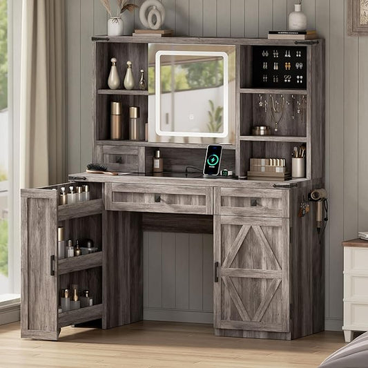 Farmhouse Makeup Vanity Desk with Sliding Mirror and Lights, Glass Desktop Makeup Vanity Desk with Charging Station, 3-Tier Hidden Slide-Out Vanity Shelves, Jewelry Storage Cabinet, 2 Drawers-Grey