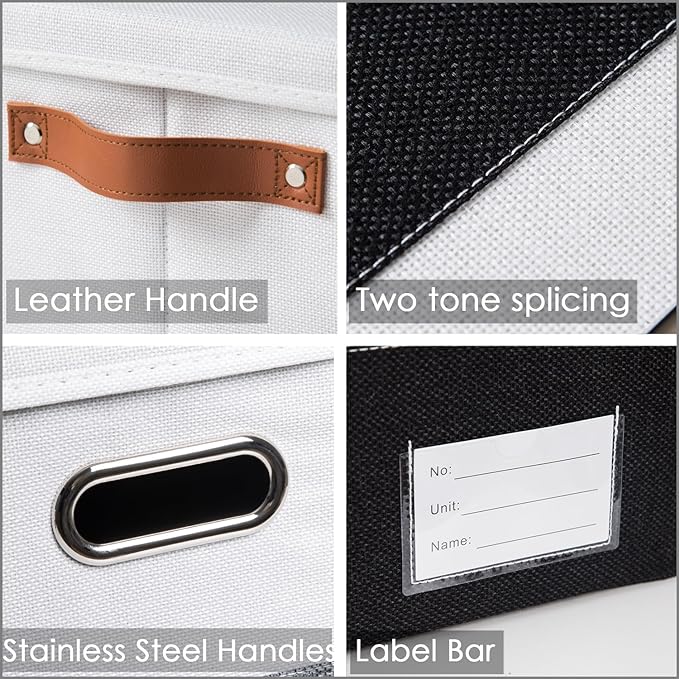 PRANDOM Foldable Storage Bins with Lids [3-Pack] Fabric Collapsible Storage Boxes Baskets Cubes Containers with Handles for Closet Living Room Bedroom (Black & White 14.9x9.8x9.8'')