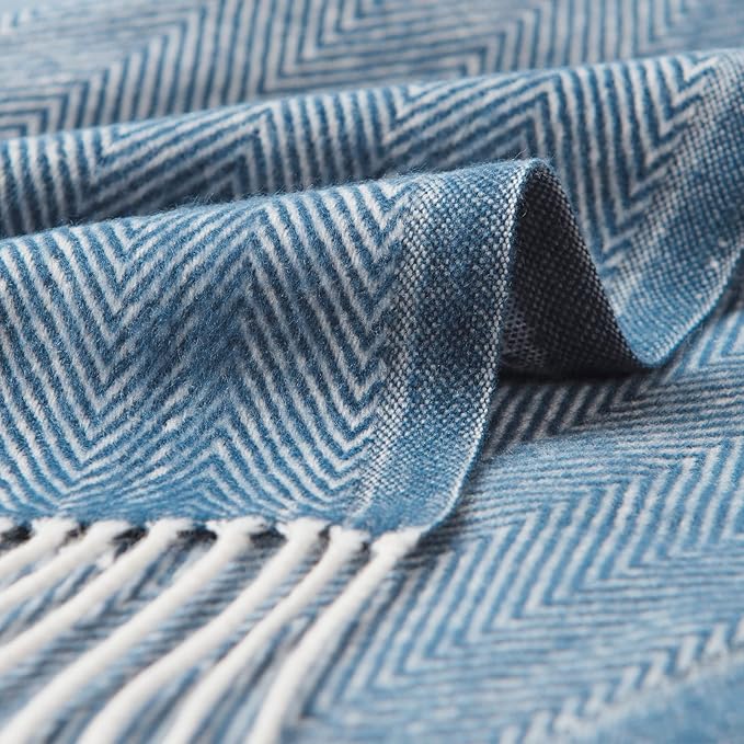 BOURINA Decorative Herringbone Faux Cashmere Fringe Throw Blanket Lightweight Soft Cozy for Bed or Sofa Farmhouse Outdoor Throw Blankets, 50" x 60", Navy