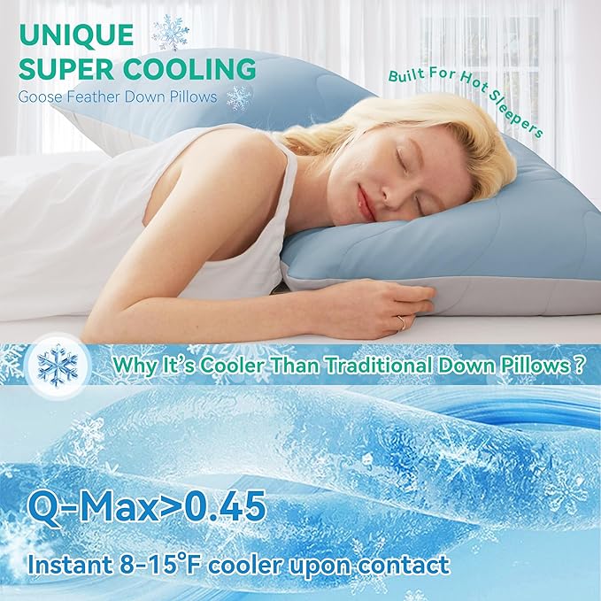 Three Geese Cooling Goose Down Feather Pillows Standard Size for Hot Sleepers, Q-Max>0.45, Hotel Quality Cooling Bed Pillows with Washable Removable Cover for Side Stomach Back Sleepers, 20" x 26"