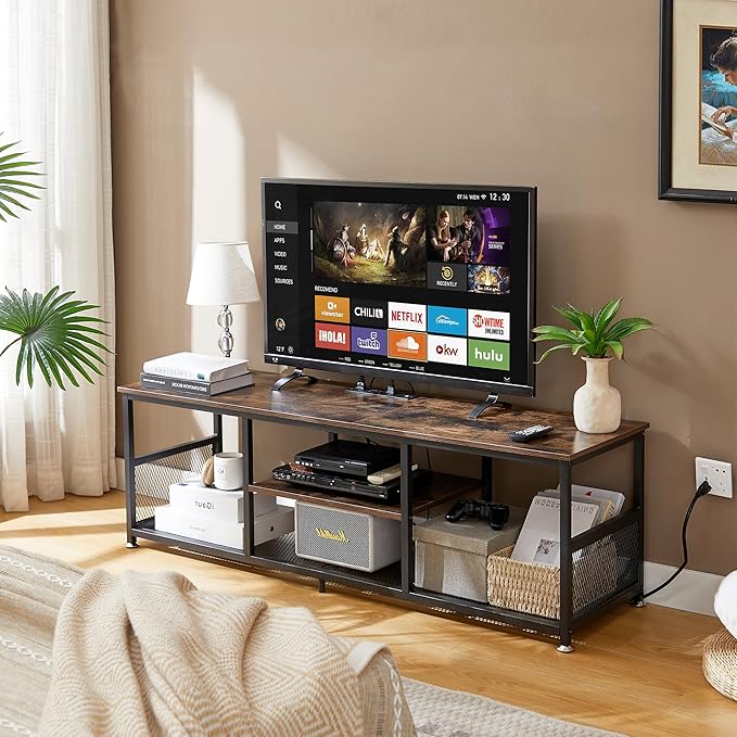 VECELO TV Stand with Power Outlets for Televisions up to 65Inch, 55" Media Entertainment Center with Charging Station 3-Tier Open Storage Shelves with Metal Frame for Living Room/Bedroom，Brown