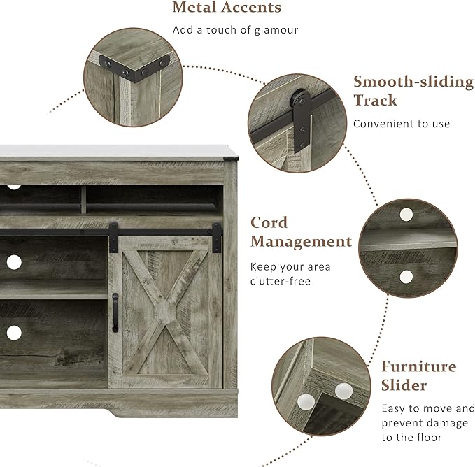 Farmhouse TV Stand for 65+ Inch TV, 34'' Tall Entertainment Center with Sliding Barn Doors, Rustic Wood Media Console Storage Cabinet Television Stand for Living Room, Bedroom Light Grey