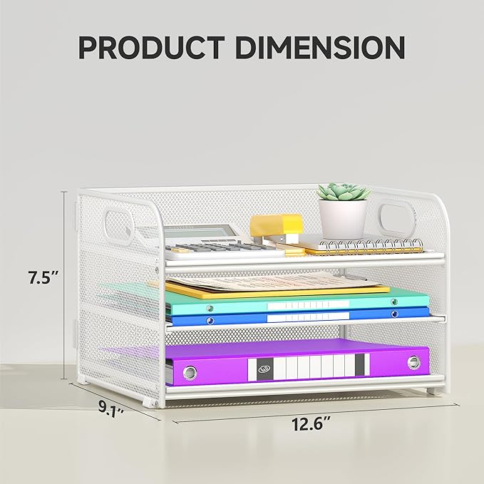 3 Tier Paper Organizer with Handle, Metal Desk Organizer Mesh Paper Letter Tray Desktop File Folder Document Sorter for Classroom, School, Office Accessories Organization and Storage - White