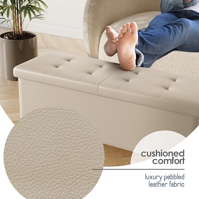 STORAGEBUD Storage Ottoman Bench with Bins, 43-in Storage Bench for Bedroom End of Bed, Folding Foot Rest Ottoman for Living Room Max 660lbs, Faux Leather Ottomans, Beige