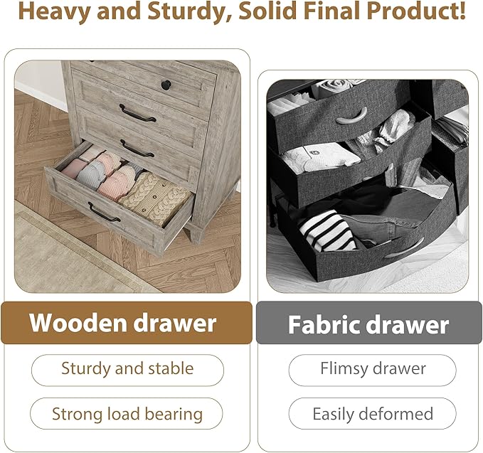 GarveeHome 4 Dresser for Bedroom, 34.8" Tall Vertical Drawer Dresser with Large Storage, Freestanding Wooden Closet Chest for Bedroom, Living Room, Grey