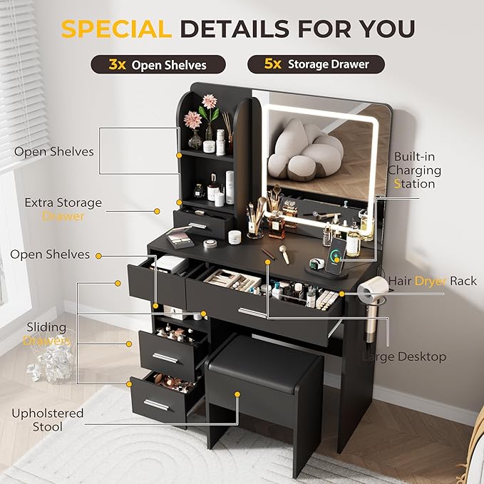 Vanity Desk with Mirror and Lights, 3 Lighting Colors and Power Outlet Makeup Vanity Desk with 5 Large Drawers and 3 Storage Shelves, Black Vanity with Storage Stool for Bedroom