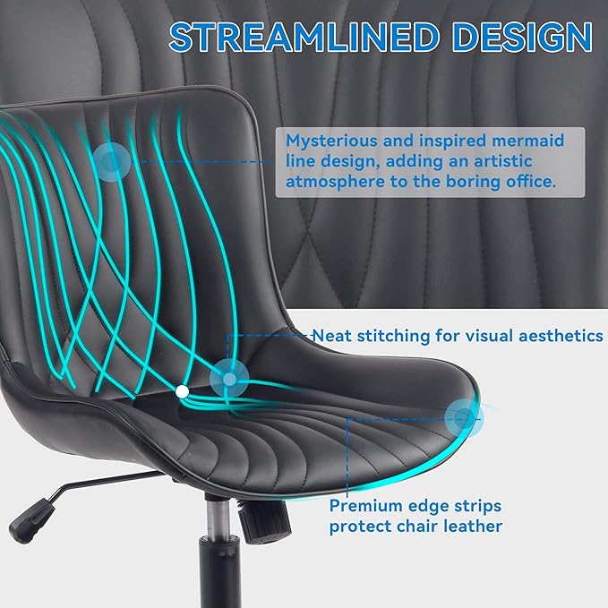 YOUNIKE Office Chair, Armless Desk Chair with Wheels, Home Office Computer Task Chairs, Modern Faux Leather Padded Vanity Chair, Adjustable Swivel Rocking Chair with Back, Black