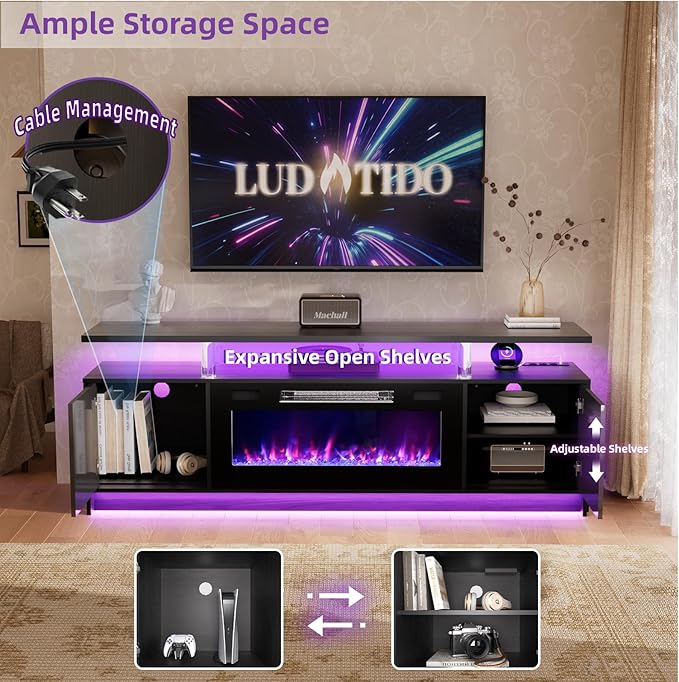 Ludatido 70 Inch TV Stand with 36 inch Electric Fireplace 27 Inch high LED Light Entertainment Center Easy to Assemble for TVs Up to 80'' with USB&AC Power Interface Black with Acrylic Support