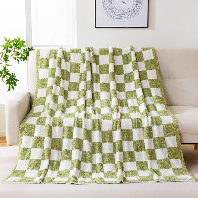 YIRUIO Throw Blanket Checkered Chessboard Fluffy Fuzzy Warmer Comfort Reversible Super Soft Cozy for Home Decor Bed Couch Sofa Living Room (Sage Green, 80''x90'')